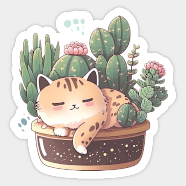 Kawaii Sleepy Cat and Plants Sticker by larfly